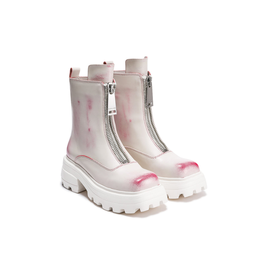 Lost In Echo Colored Square Toe Double Zipper Leather Boots White - Streetcn