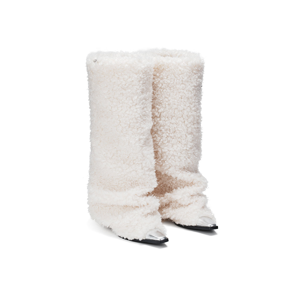 Lost In Echo Pointed Toe Chunky Heeled Snow Boots White - Streetcn