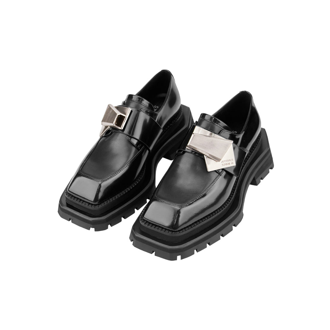 Needle Origami Buckle Thick-Soled Loafer Black - Streetcn