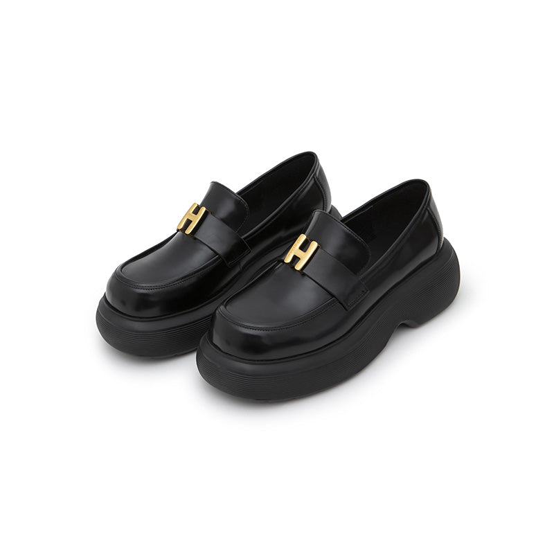 Herlian Logo Buckle Thick Sole Leather Loafer Black - Streetcn
