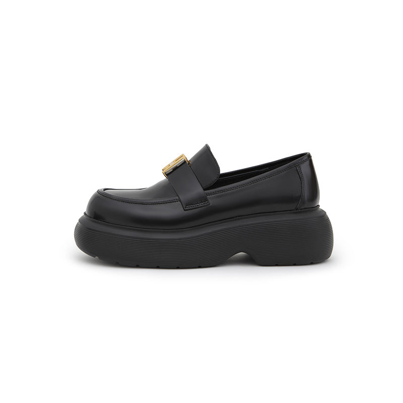 Herlian Logo Buckle Thick Sole Leather Loafer Black - Streetcn