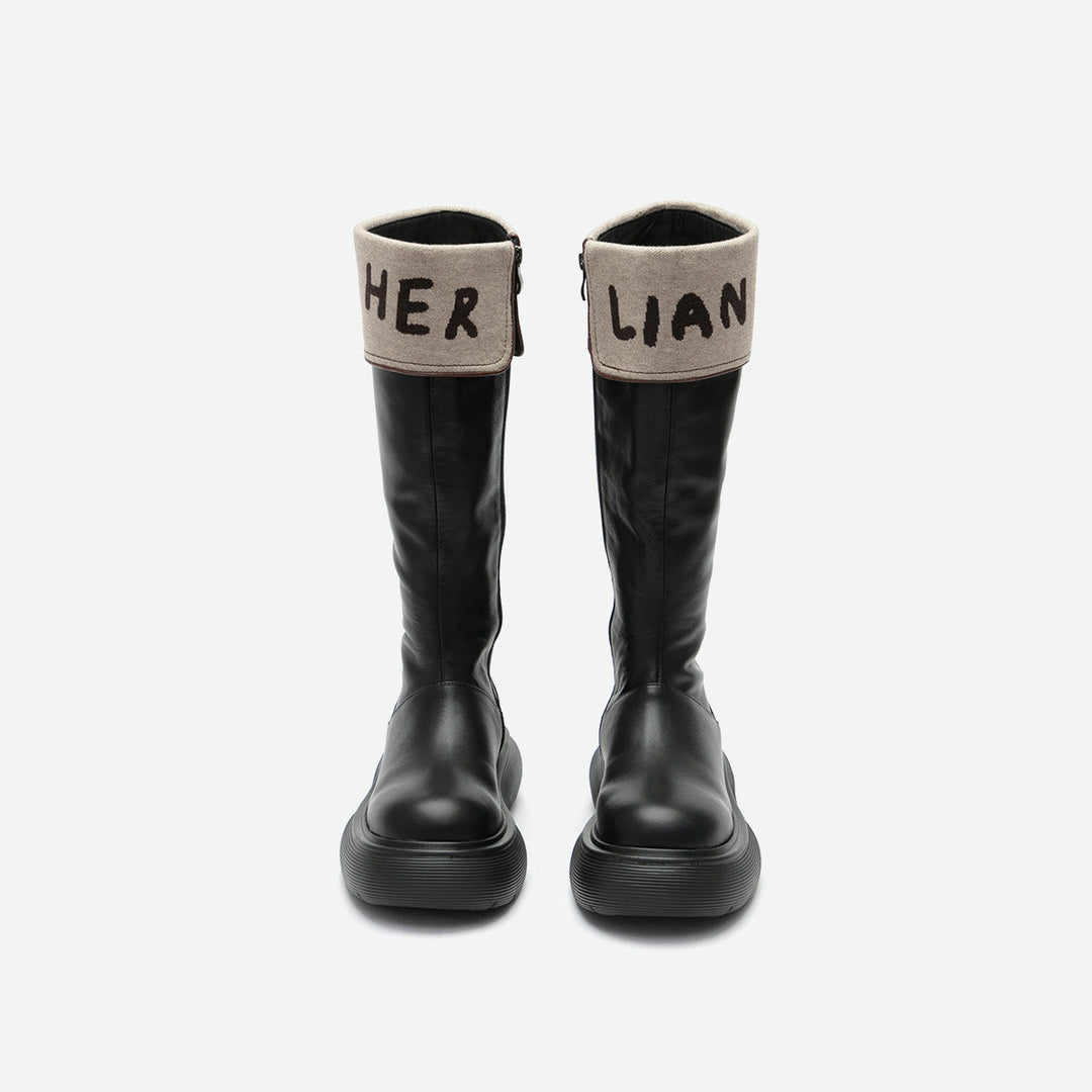Herlian Flip Logo Leather Heel Boots Black - Mores Studio