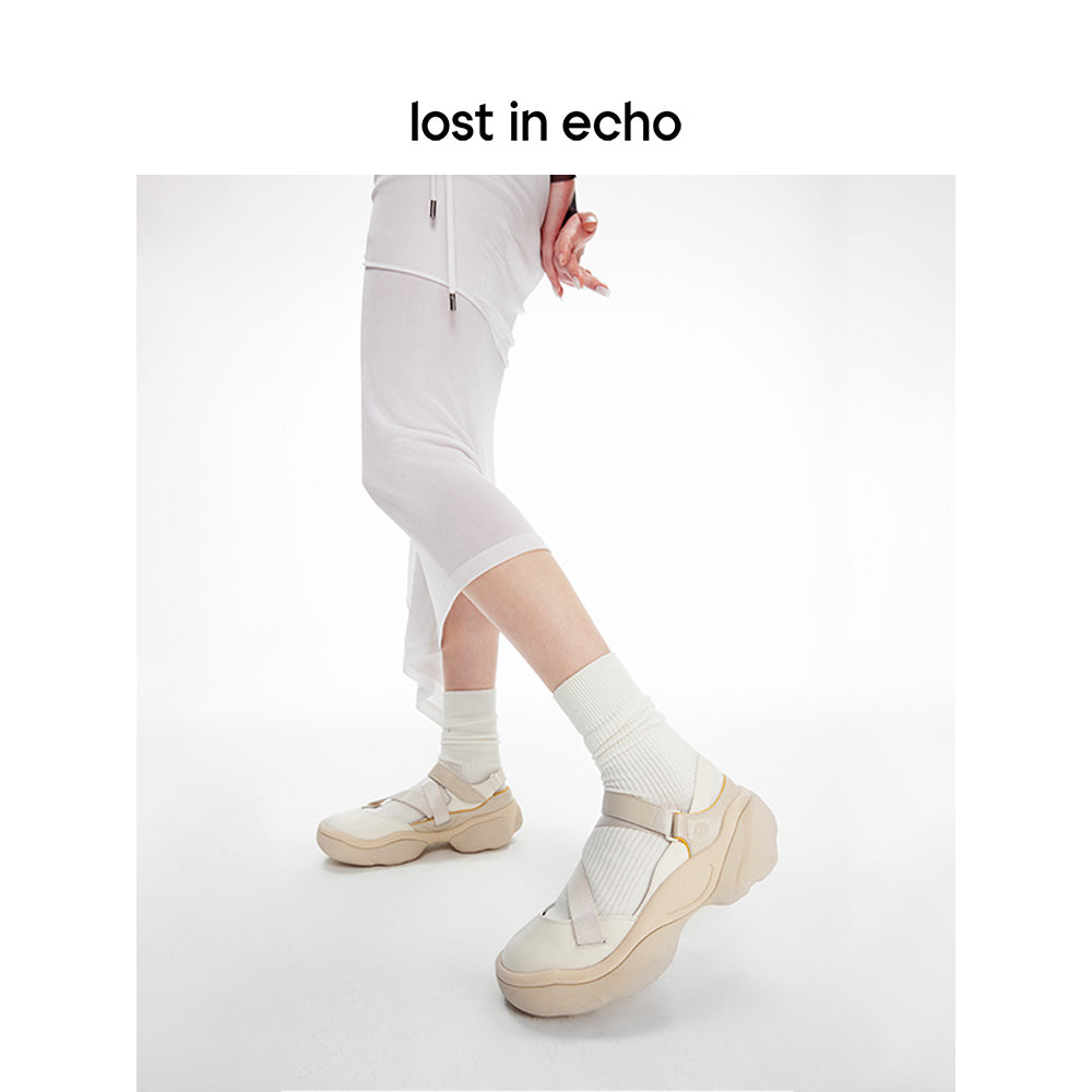 Lost In Echo Asymmetric Thick Sole Casual Sandal Cream - Streetcn