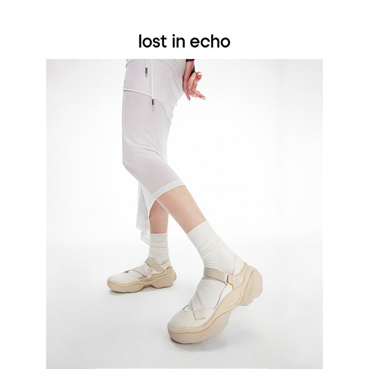 Lost In Echo Asymmetric Thick Sole Casual Sandal Cream - Streetcn