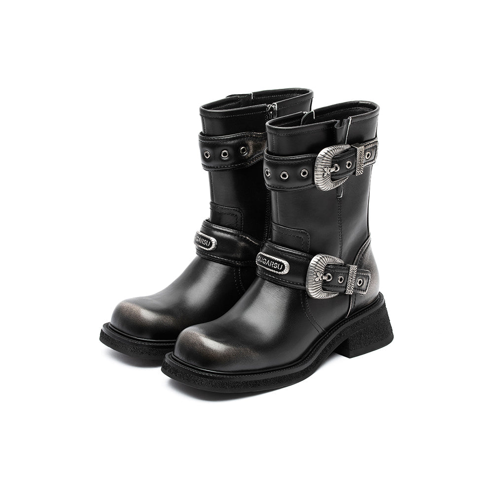 SugarSu Double Metal Buckle Leather Boots Black - Mores Studio