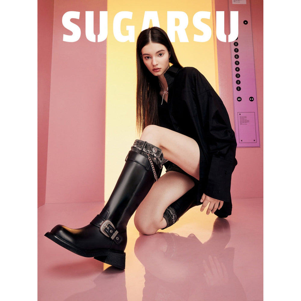 SugarSu Metal Buckle Denim Top Leather Boots Black - Mores Studio