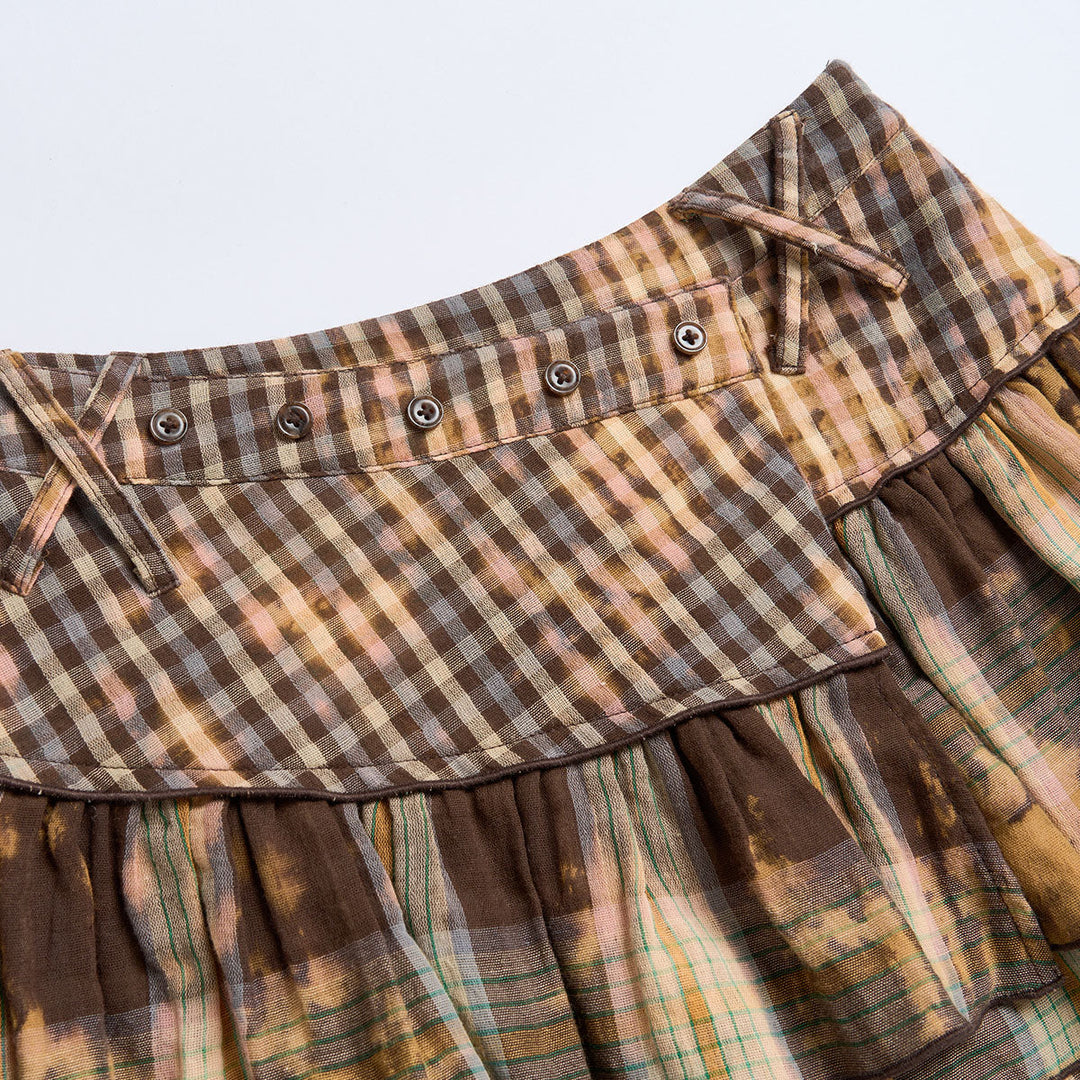 Via Pitti Vintage Checkered Irregular Cutting Skirt Khaki