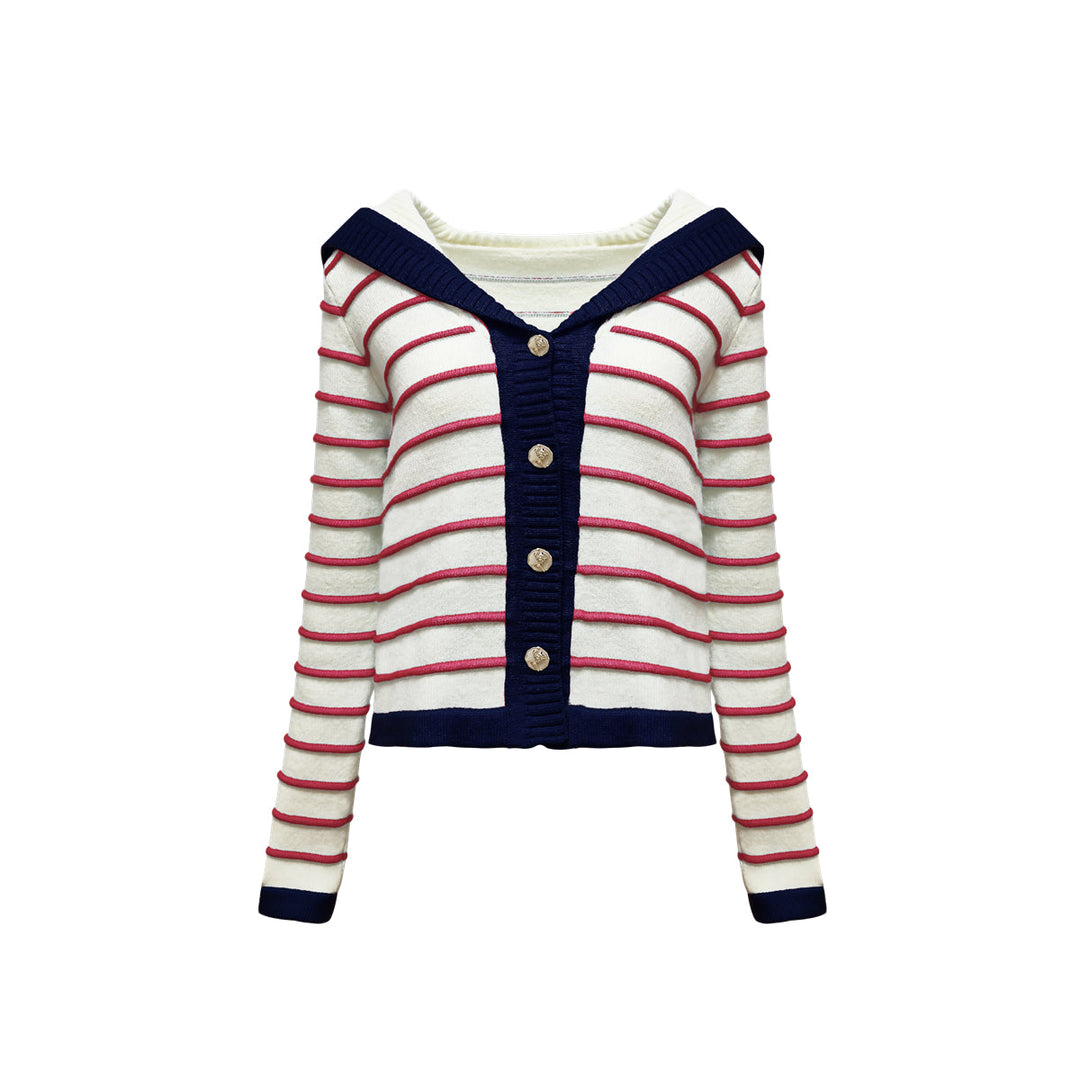 AsGony Sailor Collar Striped Knitted Cardigan Red