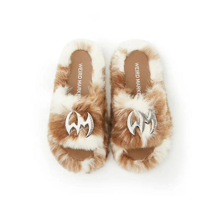 Weird Market Metal Logo Furry Slipper Brown