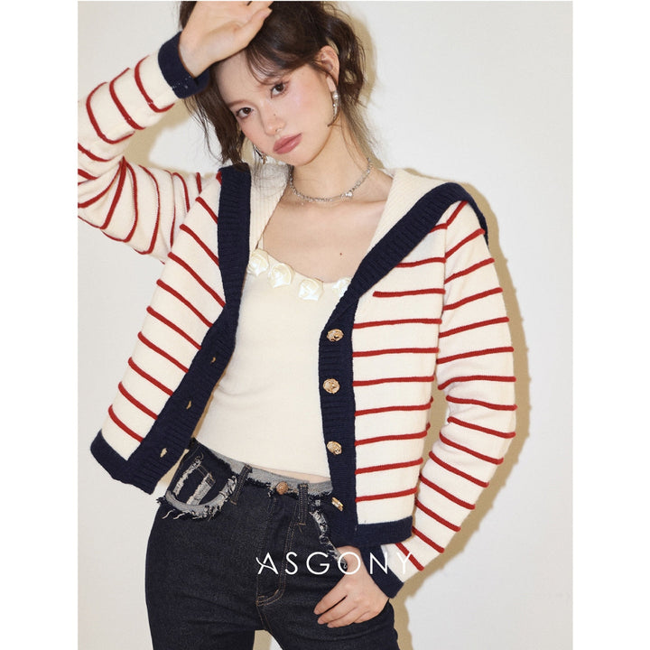 AsGony Sailor Collar Striped Knitted Cardigan Red