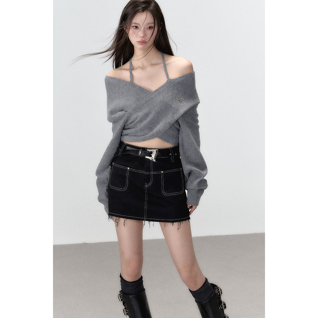 Via Pitti Halter Straps Crossed Knit Top Grey - Mores Studio