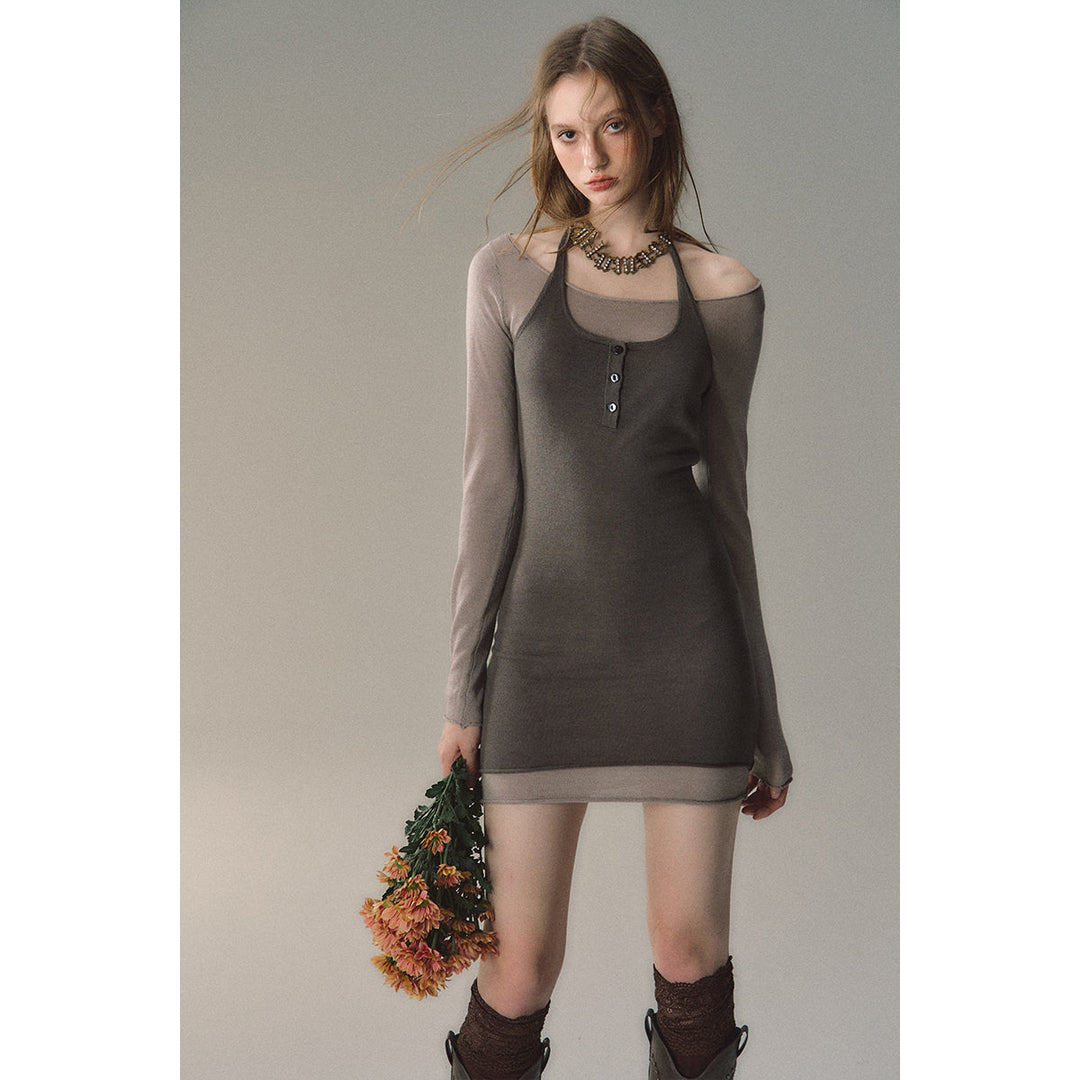 Via Pitti Color Blocked Halterneck Knit Dress Grey - Mores Studio