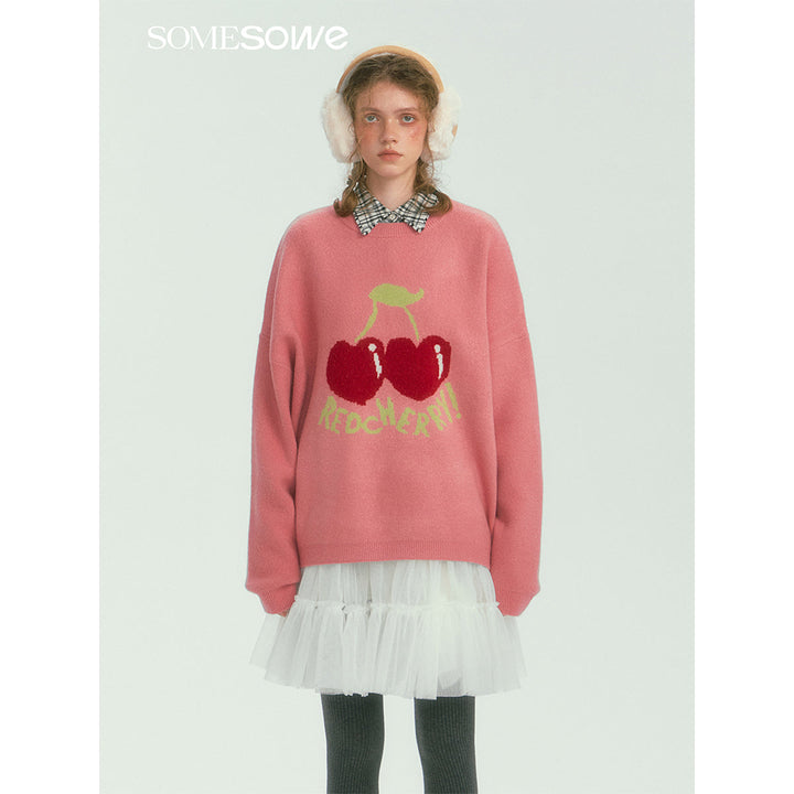 SomeSowe Cherry Jacquard Silhouette Knit Sweater Pink