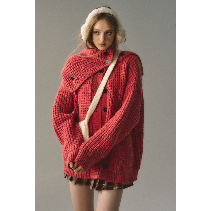 Via Pitti Waffle-Knit Cardigan Red - Mores Studio