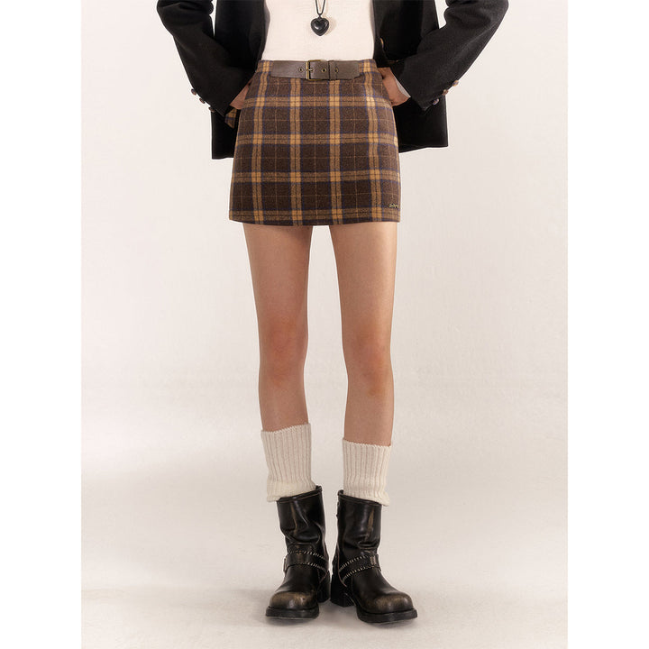 AsGony Retro Plaid High Waist Tweed Skirt Brown