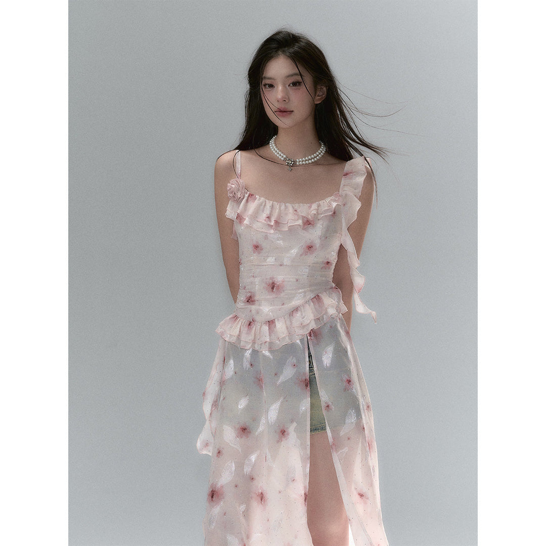 Via Pitti Detachable Two-Piece Floral Midi Dress Pink