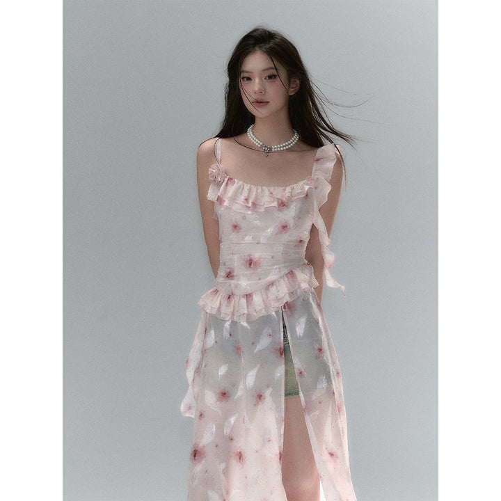 Via Pitti Detachable Two-Piece Floral Midi Dress Pink