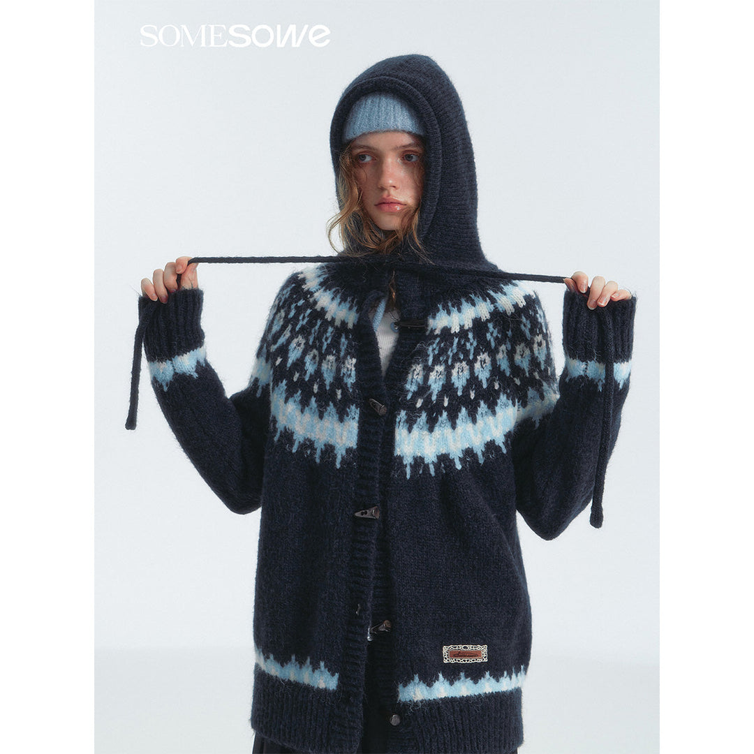 SomeSowe Fair Isle Hooded Knit Cardigan Navy Blue