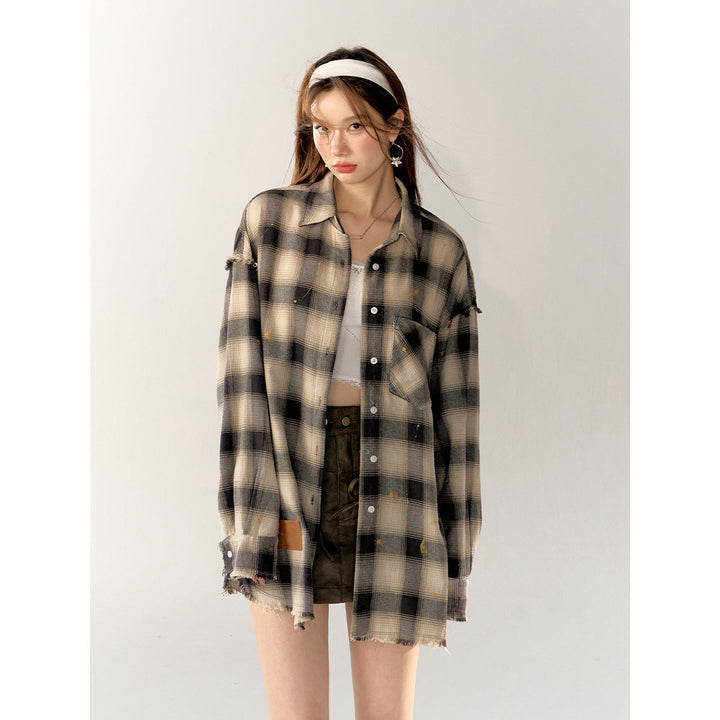 AsGony Retro Raw Edge Distressed Plaid Shirts Black