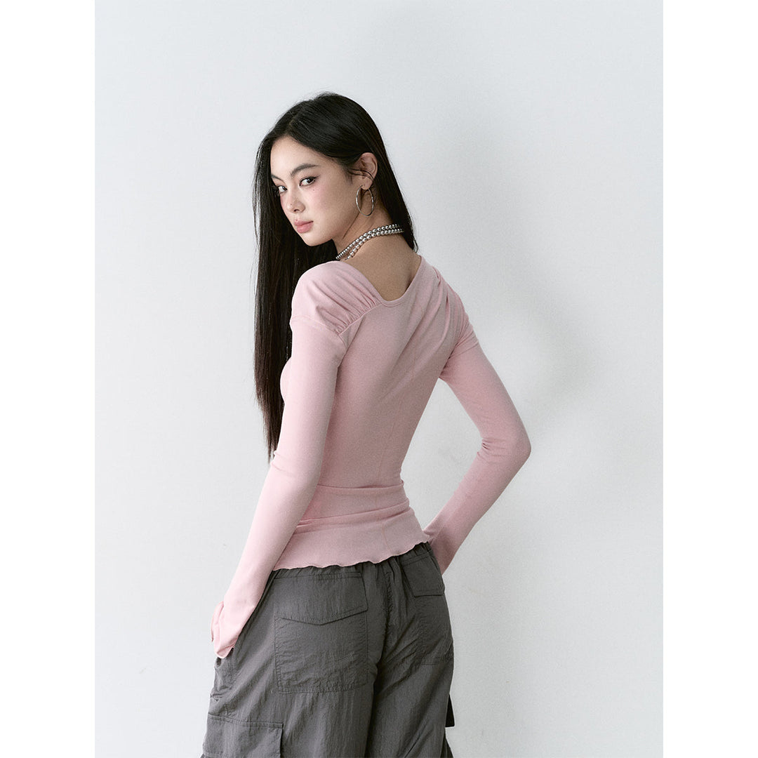 Via Pitti Irregular Diagonal Shoulder Waisting Slim Top Pink