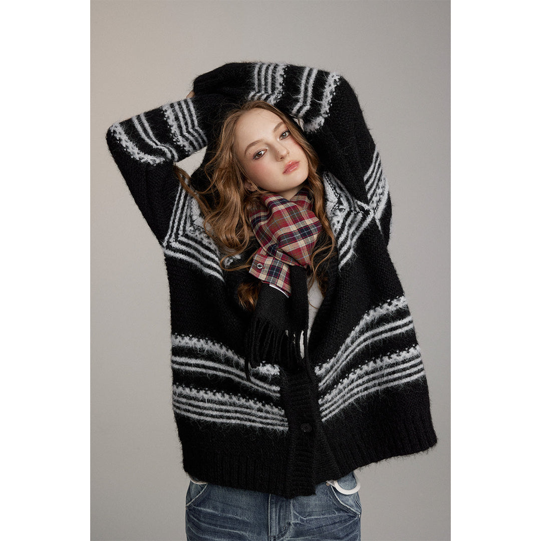 Via Pitti Striped Hooded Woolen Thicken Cardigan Black