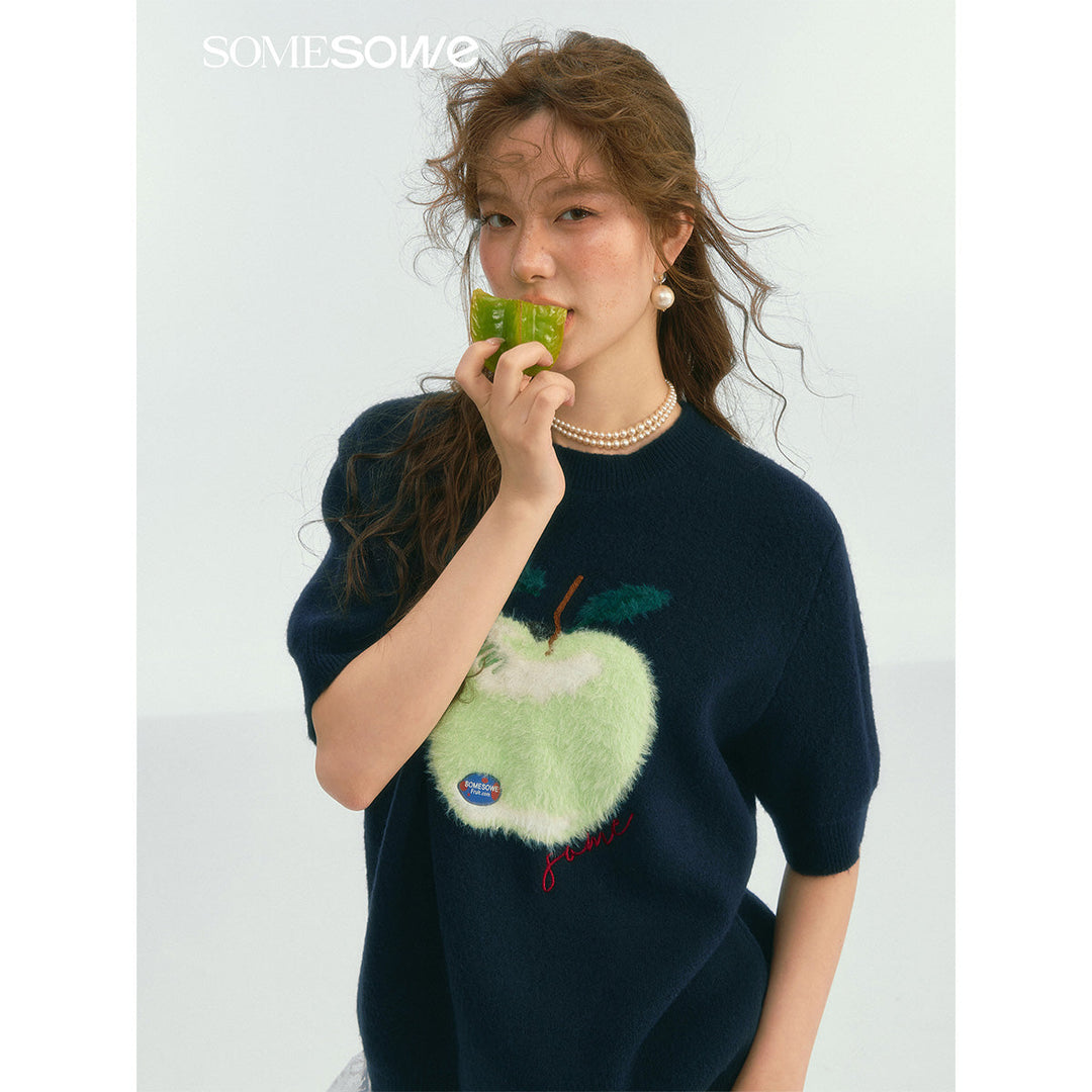 SomeSowe Green Apple Short Sleeve Knit Sweater Navy Blue