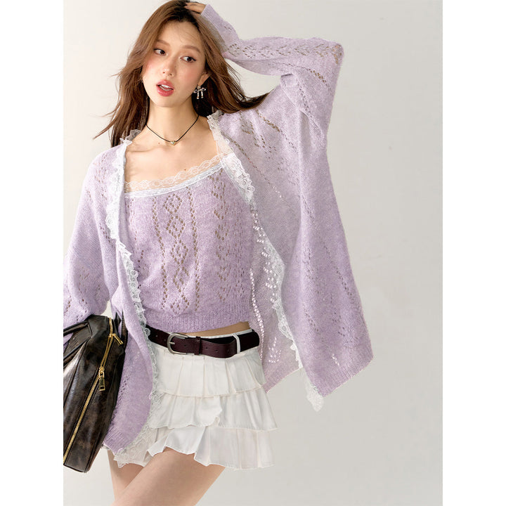 AsGony Lace Edge Hollow Cutting Knit Slip Vest Purple