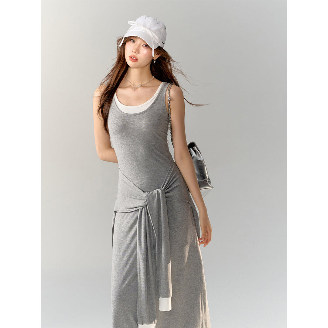 AsGony Fake-2-Piece Strap Knit Vest Long Dress Gray