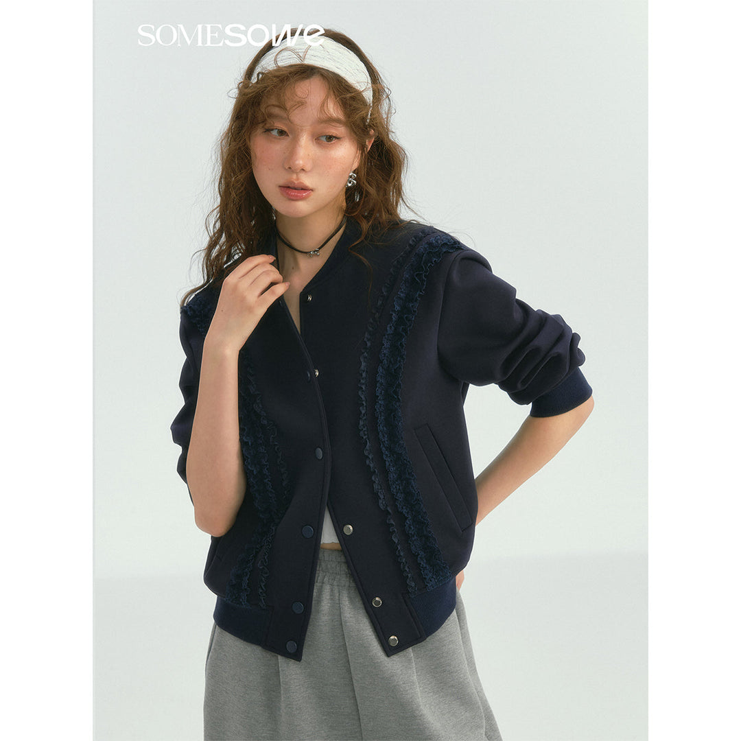 SomeSowe Lace Edge Casual Baseball Jacket Navy Blue