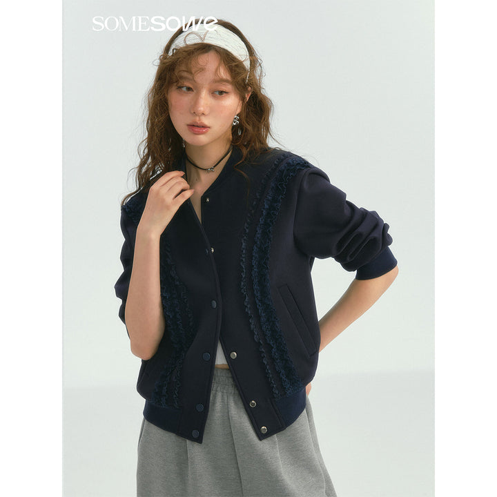 SomeSowe Lace Edge Casual Baseball Jacket Navy Blue