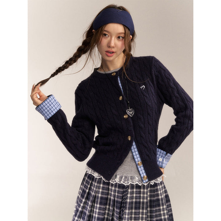 AsGony Blended Woolen Plaid Patchwork Knit Cardigan Navy Blue