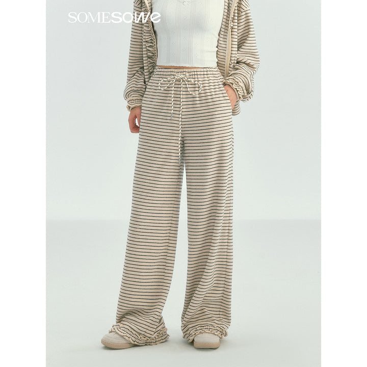 SomeSowe Soft Striped Ruffled Casual Pants White