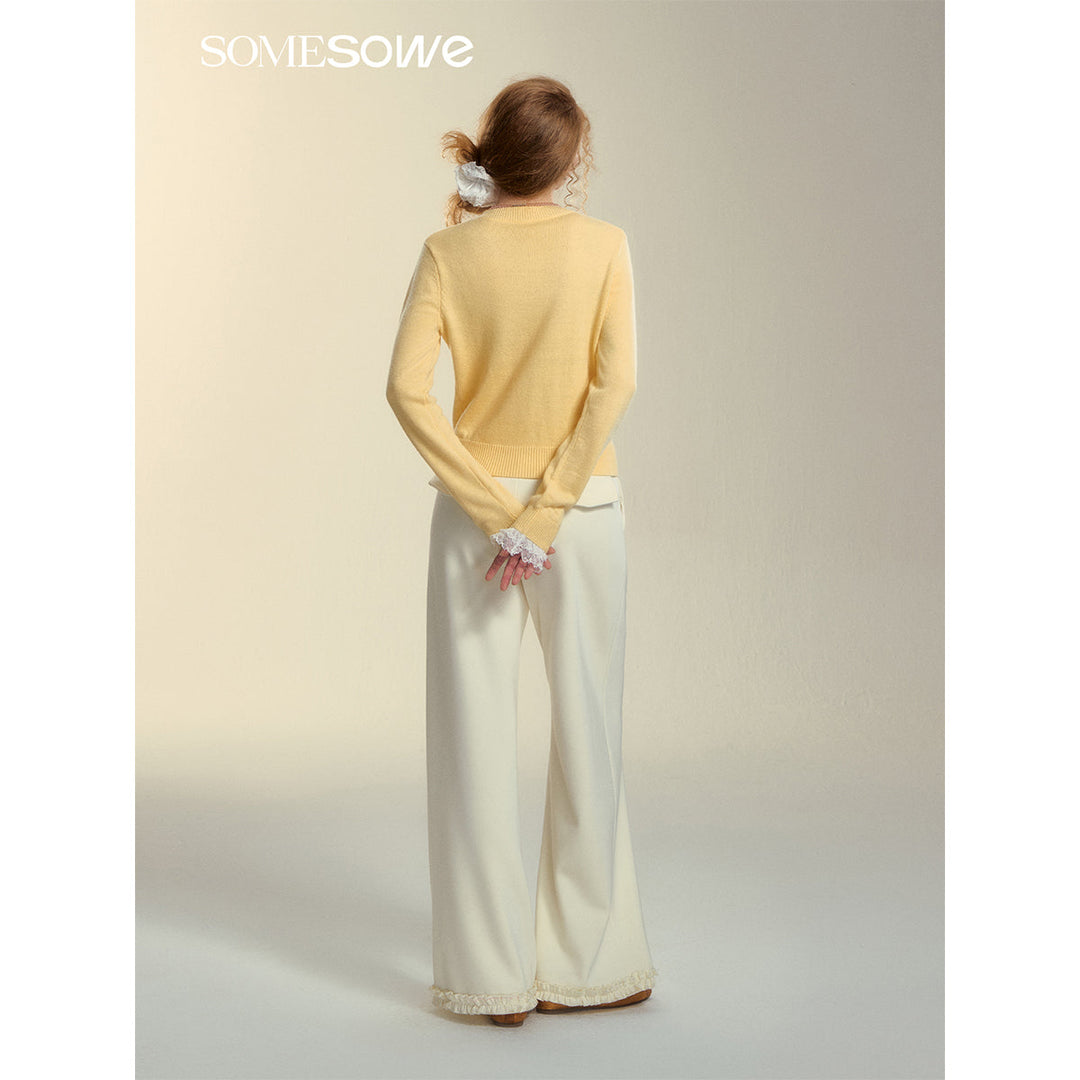 SomeSowe Lace Edge Round-Neck Knit Cardigan Yellow