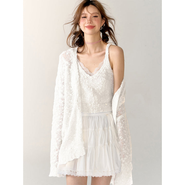 AsGony Lace Patchwork Knit Slip Vest White