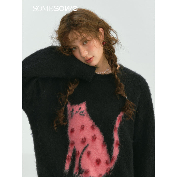 SomeSowe Luck Cat Loose Knit Sweater Black