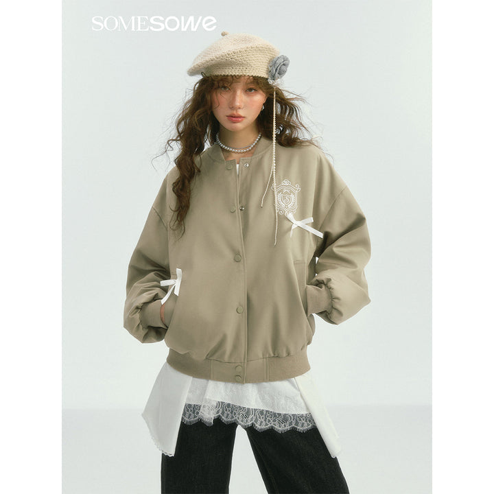 SomeSowe Bow Badge Casual Baseball Jacket Khaki