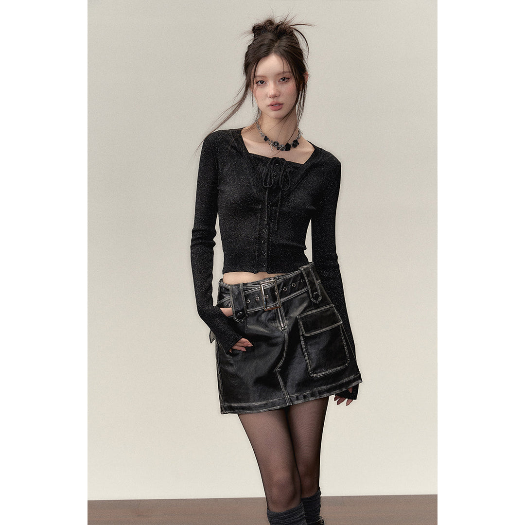 Via Pitti Fake-2-Piece Shiny Short Knit Top Black - Mores Studio