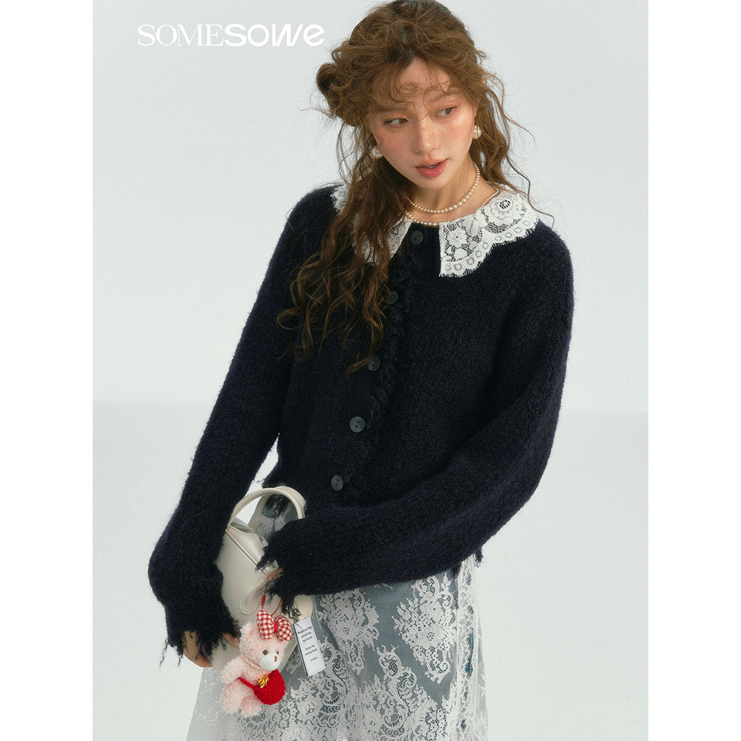 SomeSowe Lace Doll Collar Destroyed Cardigan Navy Blue