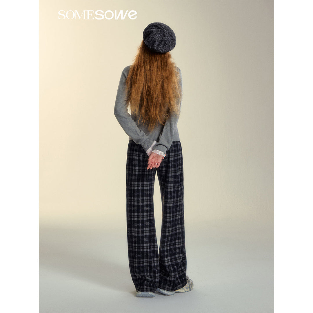 SomeSowe Lace Edge Plaid Casual Pants Black