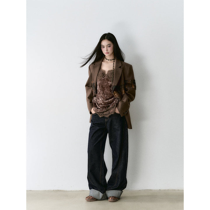 Via Pitti Heavy Lace Patchwork Irregular Slip Vest Brown