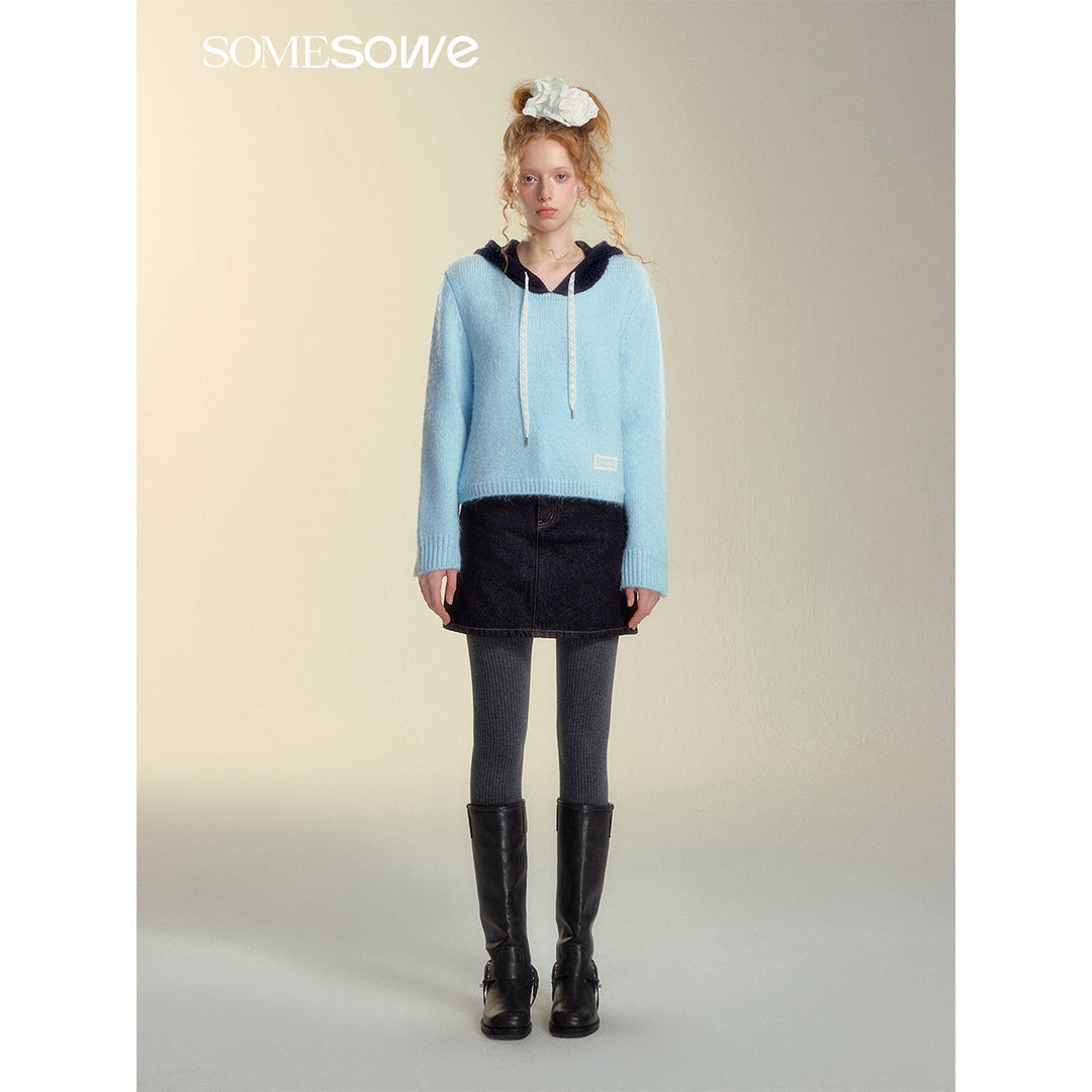 SomeSowe Hollow Out Hooded Knit Sweater Light Blue