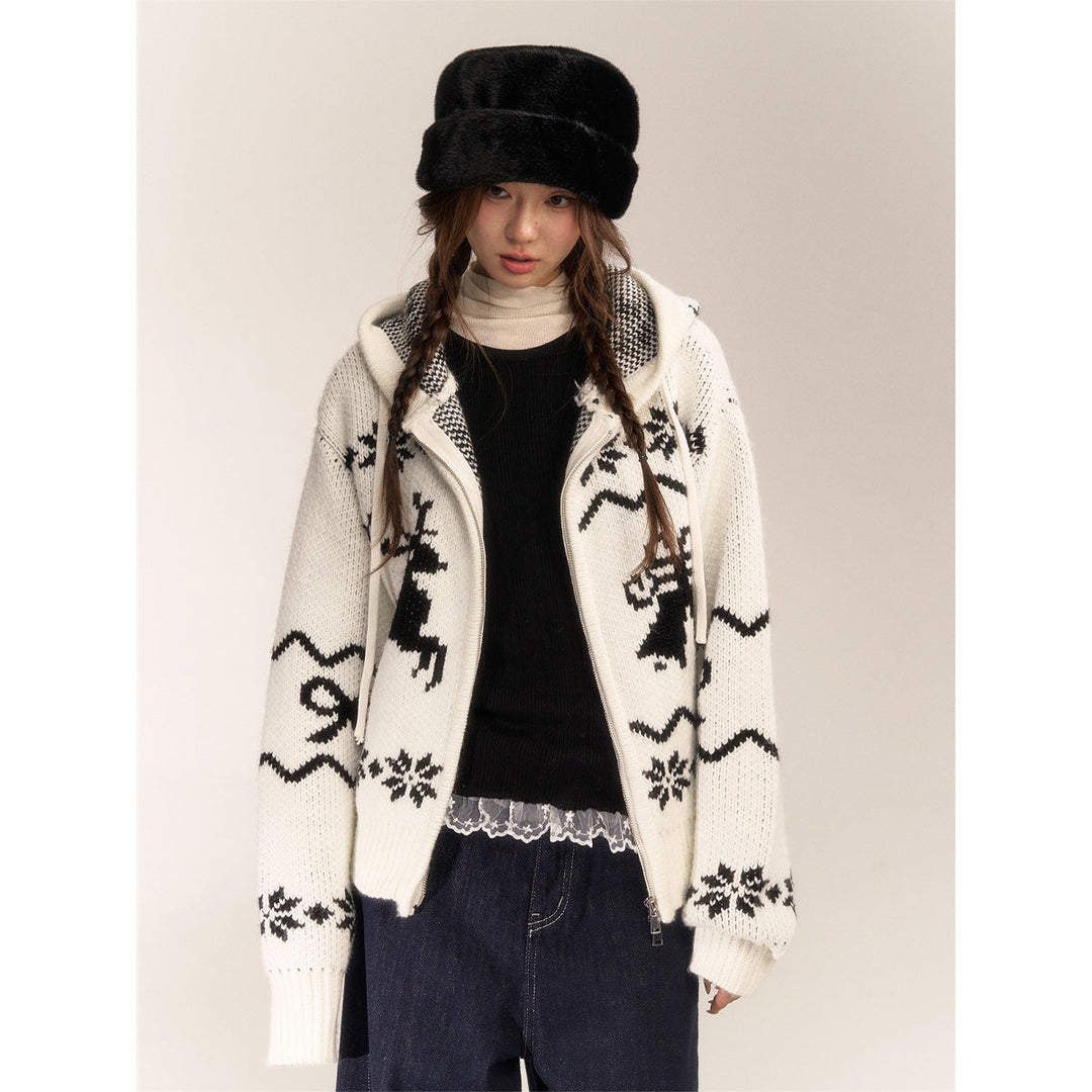 AsGony Fair Isle Moose Jacquard Retro Hooded Knit Cardigan White