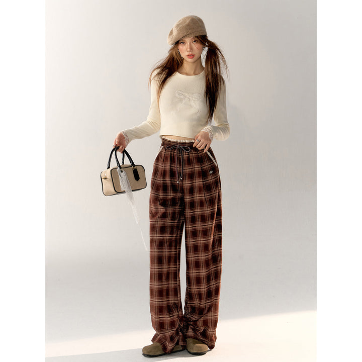 AsGony Retro Plaid High Waist Wide-Leg Pants Brown