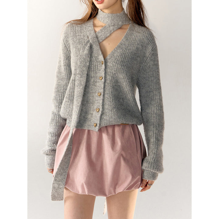 AsGony V-Neck Halter Ribbon Short Knit Cardigan Gray