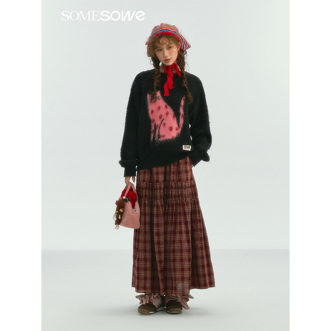 SomeSowe Lace Edge Plaid Drawstring Long Skirt Red