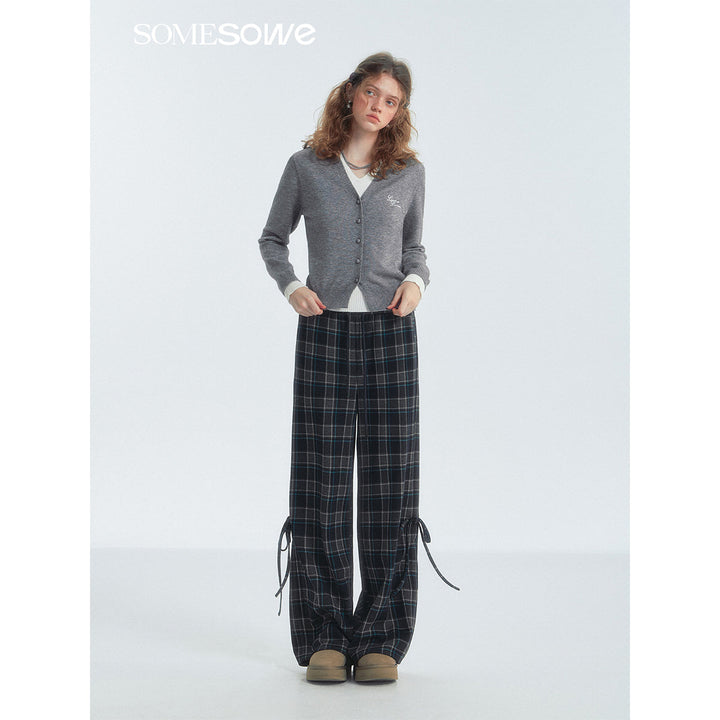 SomeSowe Bow Drawstring Plaid Wide-Leg Pants Blue