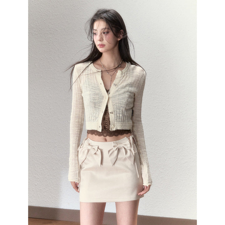 Via Pitti Super-Thin Slim Knit Short Cardigan Cream