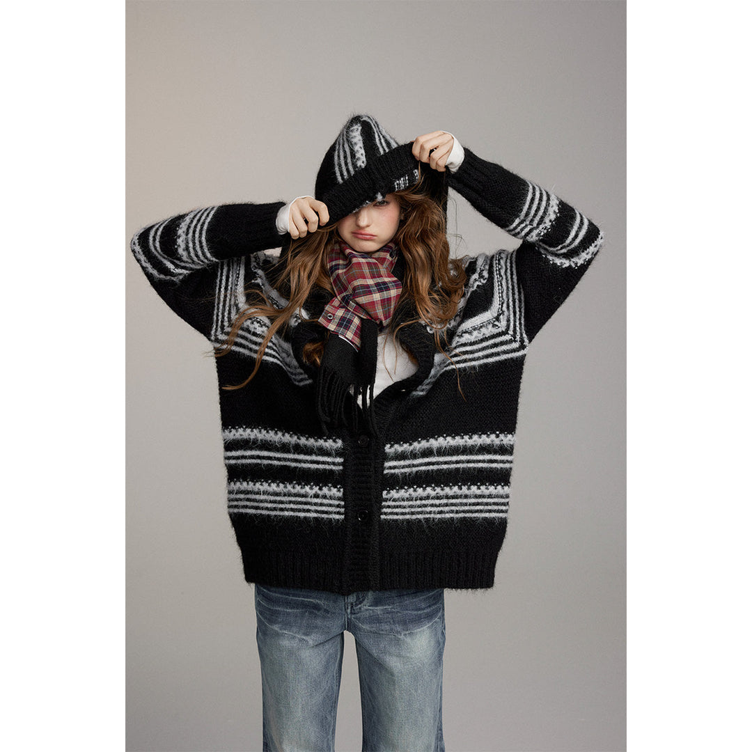 Via Pitti Striped Hooded Woolen Thicken Cardigan Black