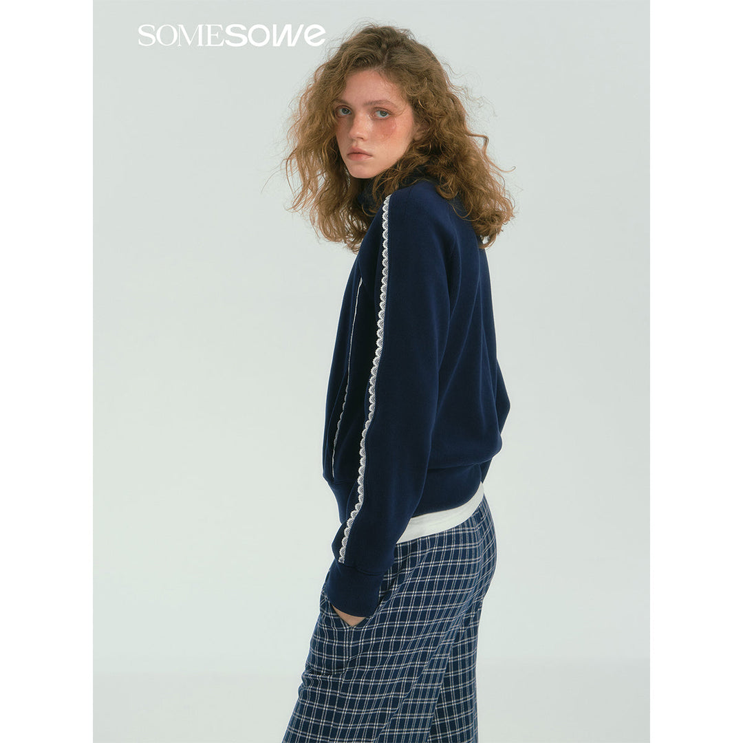 SomeSowe Lace Patchwork Fleece Jacket Navy Blue