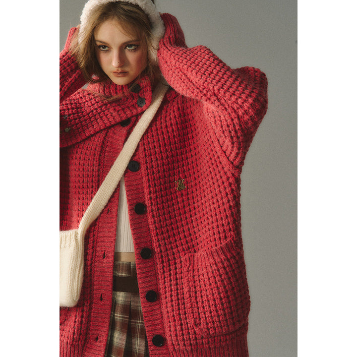 Via Pitti Waffle-Knit Cardigan Red - Mores Studio